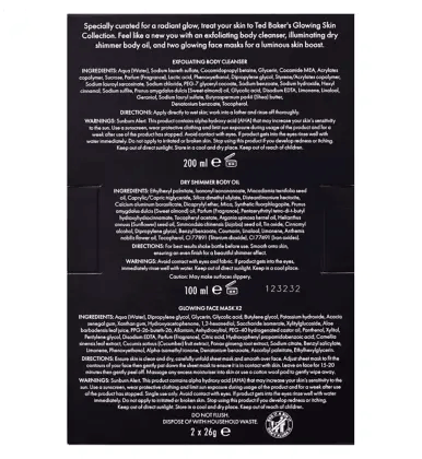 Ted Baker Glowing Skin Collection back packaging with product details and instructions for skincare.