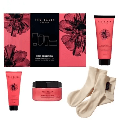 Ted Baker Sleep Collection featuring nourishing body care products and cozy foot masks for luxurious bedtime.