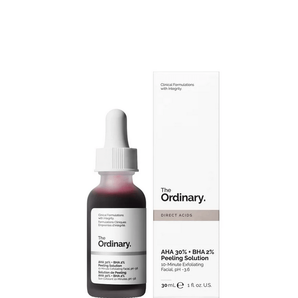The Ordinary AHA 30% + BHA 2% Peeling Solution 30ml bottle with dropper and box packaging.