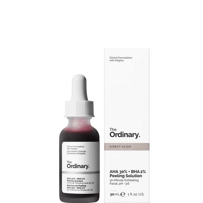 The Ordinary AHA 30% + BHA 2% Peeling Solution 30ml bottle with dropper and box packaging.