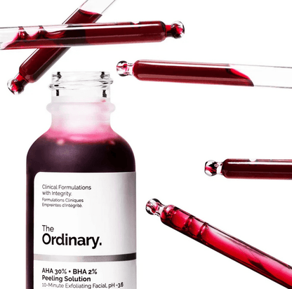 The Ordinary AHA 30% + BHA 2% Peeling Solution in a bottle with dropper, promoting glow and smooth skin.