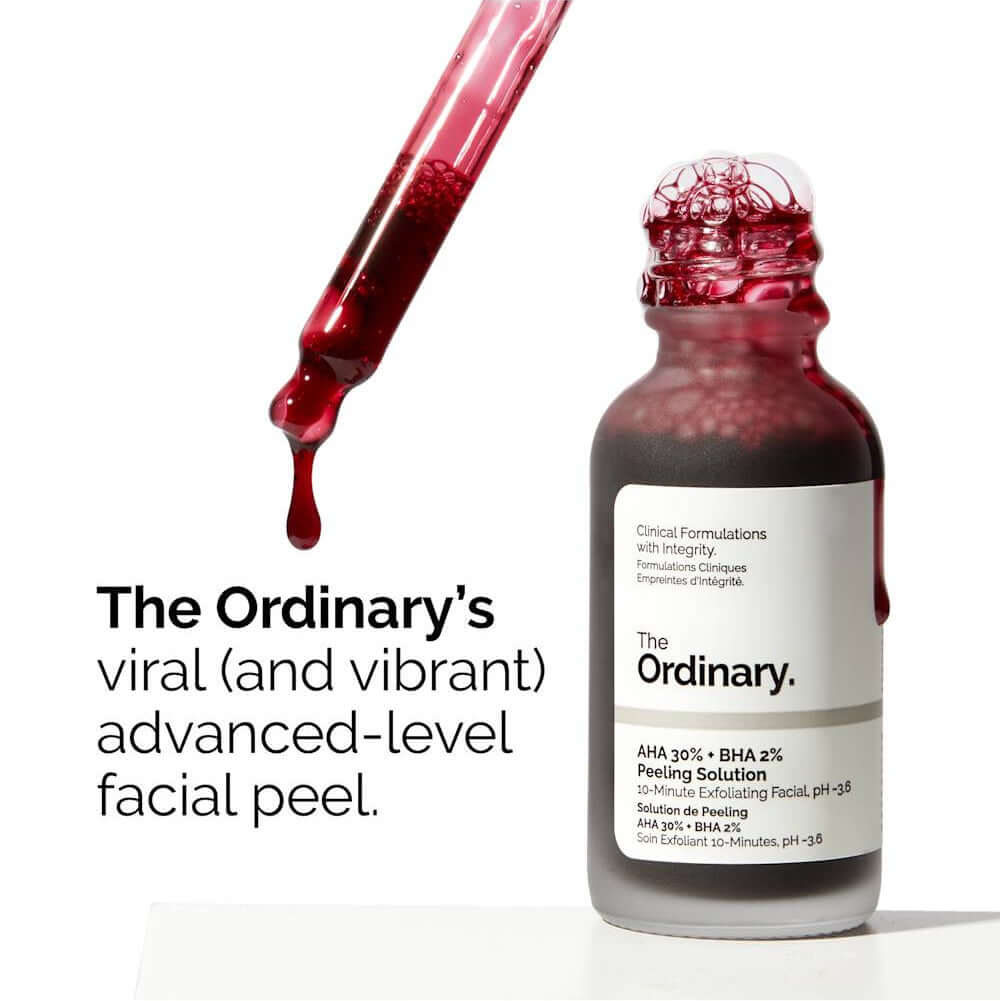 The Ordinary AHA 30% + BHA 2% Peeling Solution bottle with dropper, vibrant exfoliating facial peel.