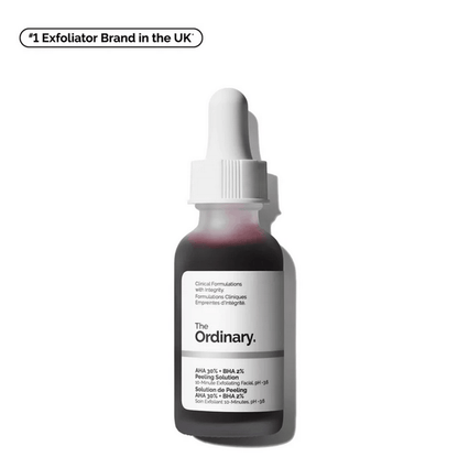 The Ordinary AHA 30% + BHA 2% Peeling Solution 30ml bottle with dropper, targeting dullness and signs of aging.