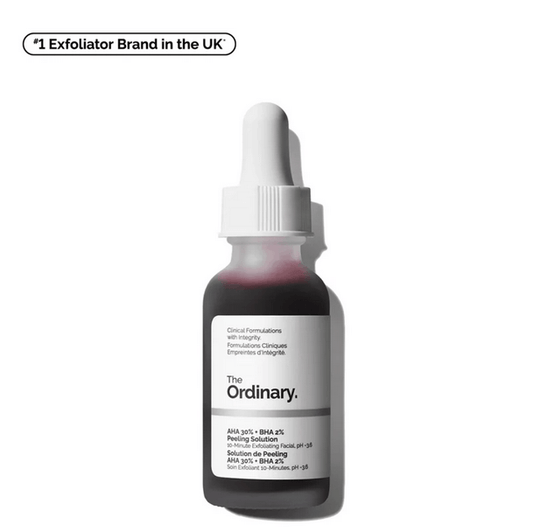 The Ordinary AHA 30% + BHA 2% Peeling Solution 30ml bottle with dropper, targeting dullness and signs of aging.
