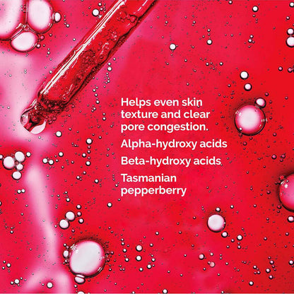 Red liquid  The Ordinary AHA 30% + BHA 2% Peeling Solution 30ml background with pipette, highlighting skin benefits of AHA, BHA, and Tasmanian pepperberry.