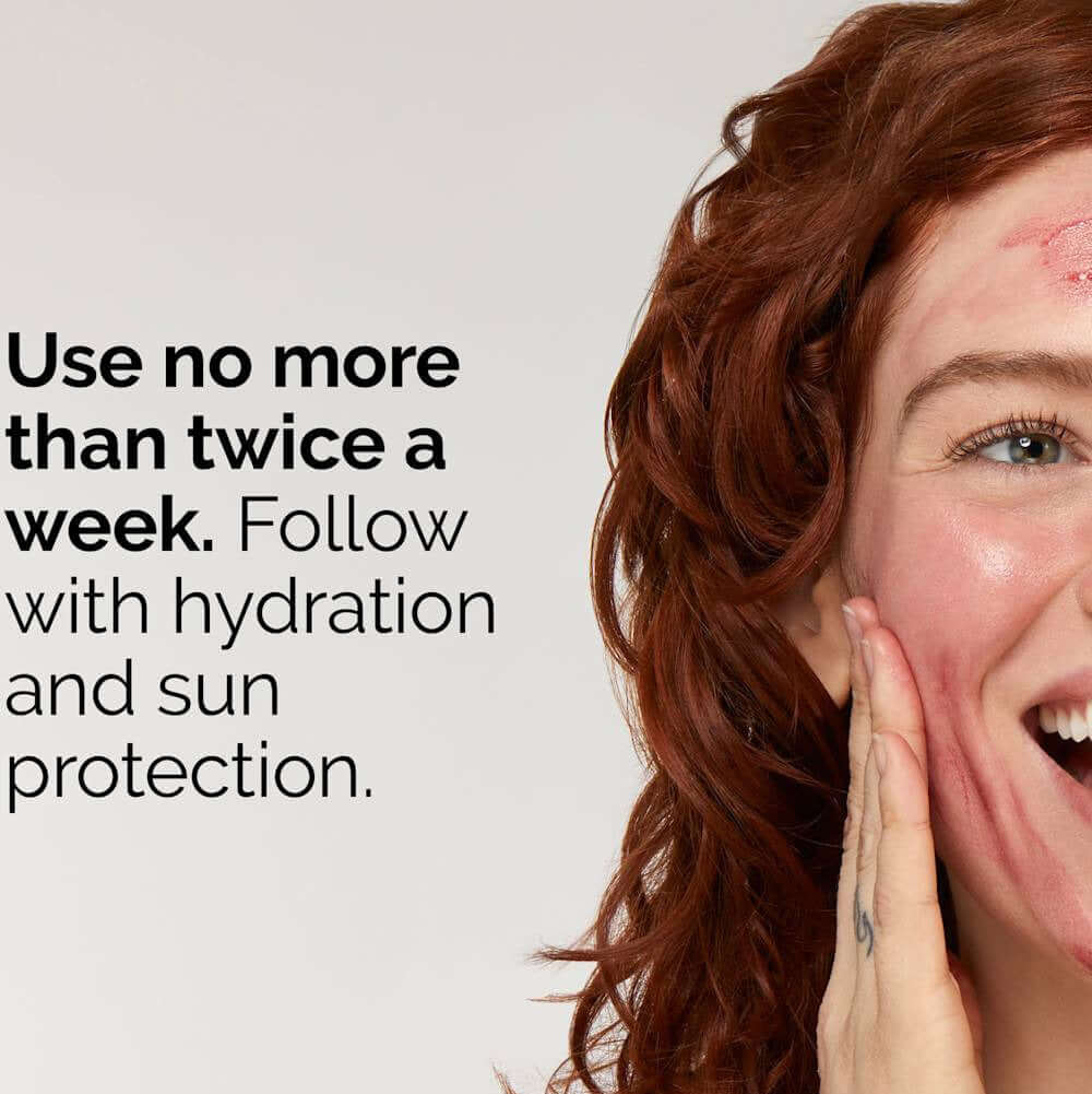 Woman smiling, applying skincare reminder for using The Ordinary  AHA BHA peel twice a week with hydration and sun protection.