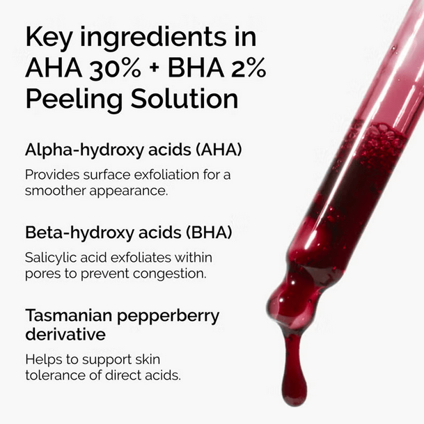 Key ingredients in The Ordinary AHA 30% + BHA 2% Peeling Solution: AHA, BHA, and Tasmanian pepperberry.