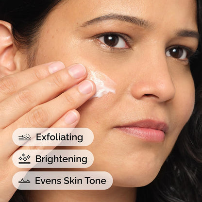 Woman applying The Ordinary cream to her face with text indicating benefits