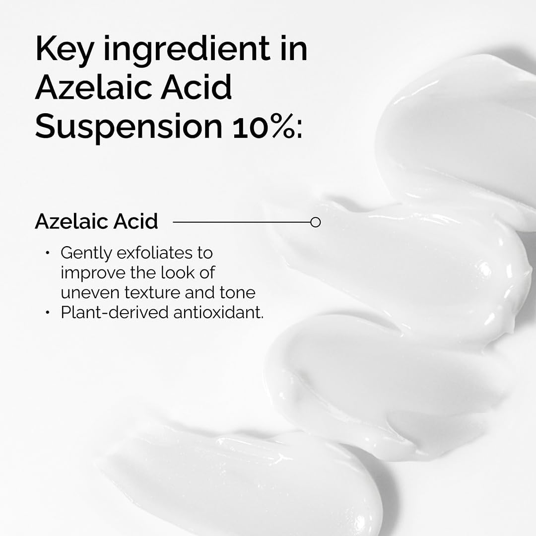 Text about The Ordinary Azelaic Acid in a skincare product with a close-up of the product.