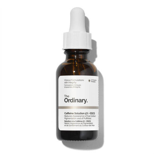 The Ordinary Caffeine Solution 5% + EGCG 30ml serum in a brown glass dropper bottle.