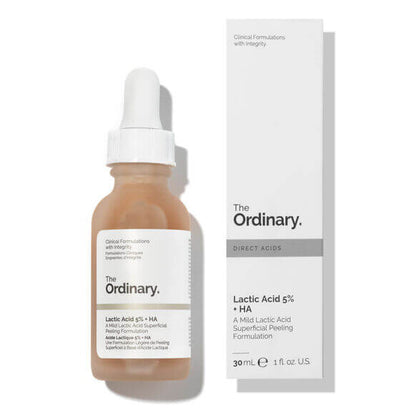 The Ordinary Lactic Acid 5% + HA 30ml bottle and box for gentle skin exfoliation and rejuvenation.
