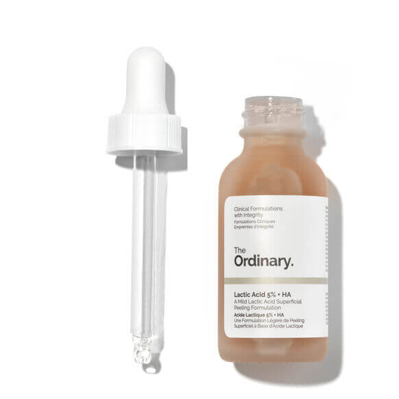 The Ordinary Lactic Acid 5% + HA 2% 30ml bottle with dropper, ideal for smoother, radiant skin.