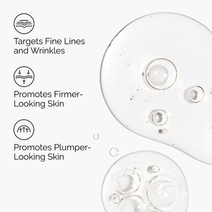 The Ordinary Matrixyl 10% + HA 30ml Cosmetic product with droplets on a white background and text highlighting benefits.
