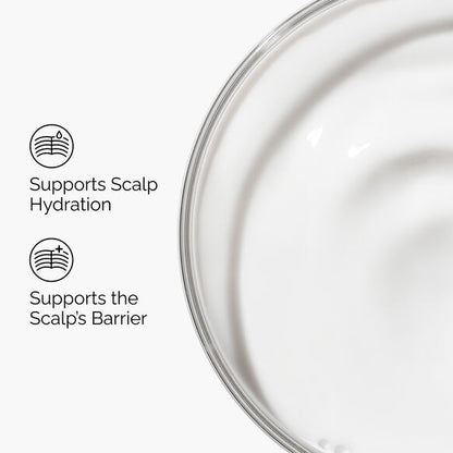 The Ordinary Close-up of a clear container with text indicating it supports scalp hydration and barrier.