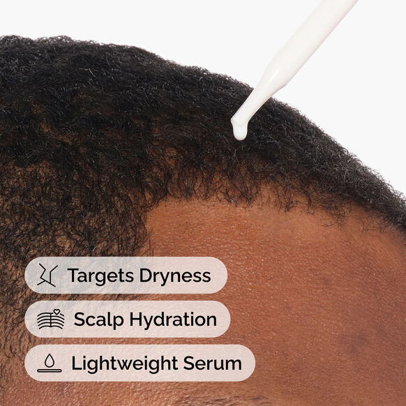 Close-up of a person's scalp with a  The Ordinary serum being applied, labeled for dryness, scalp hydration, and lightweight serum.