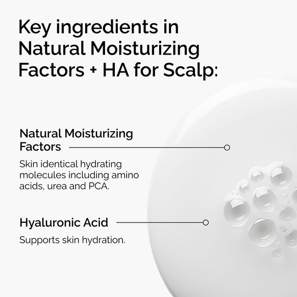 Text detailing key ingredients in a The Ordinary natural moisturizing factor and HA product for scalp with a close-up of the product.