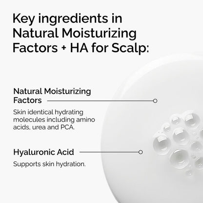 Text detailing key ingredients in a The Ordinary natural moisturizing factor and HA product for scalp with a close-up of the product.