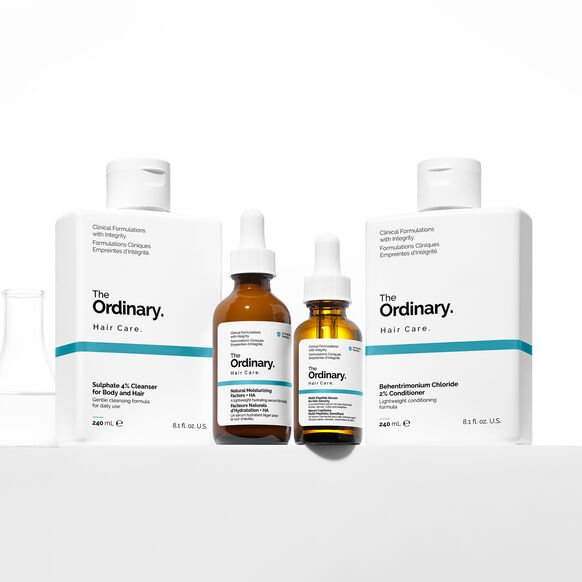 The Ordinary hair care products on a white background