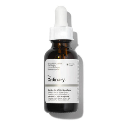 The Ordinary Retinol 0.2% in Squalane 30ml skin serum for youthful, radiant complexion with dropper.