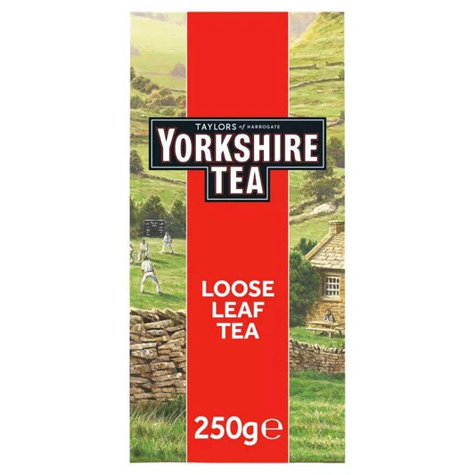 Yorkshire Tea Black Loose Leaf Tea packaging featuring a scenic landscape, 250g of premium quality tea.