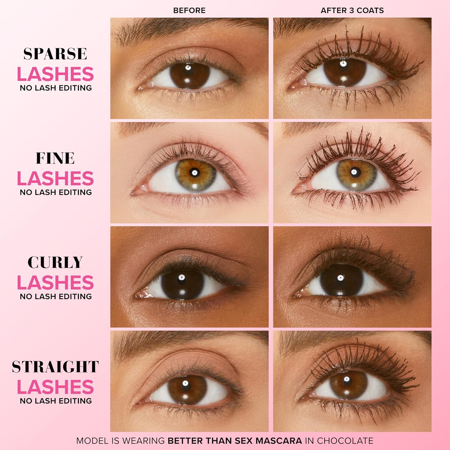 Before and after comparison of different types of  Too Faced lashes with a pink background.
