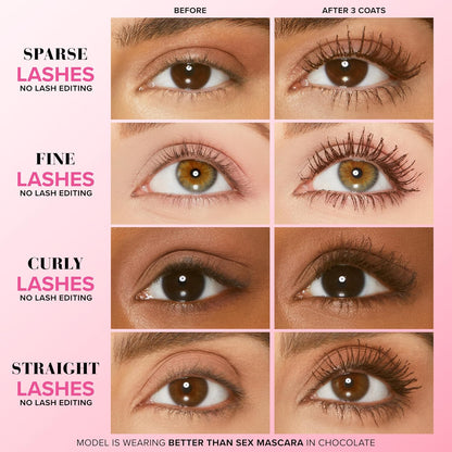 Before and after comparison of different types of  Too Faced lashes with a pink background.