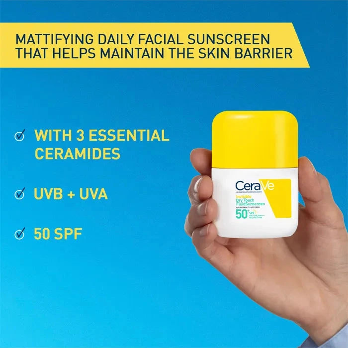 CeraVe sunscreen bottle held by a hand with product features listed on a blue background