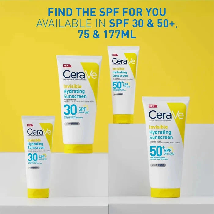 CeraVe sunscreen products with SPF 30, 50, and 75 on a yellow background