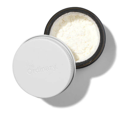 The Ordinary 100% L-Ascorbic Acid Powder in a black container with a white lid, enhancing skincare radiance.
