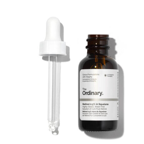 The Ordinary Retinol 0.5% in Squalane 30ml bottle with dropper for youthful, revitalized skin.