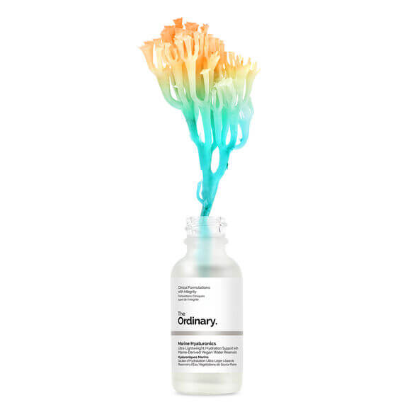 The Ordinary Marine Hyaluronics 30ml serum with vibrant coral and blue aquatic plant design.
