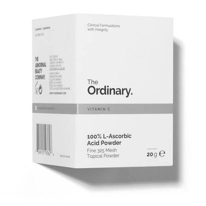 The Ordinary 100% L-Ascorbic Acid Powder Vitamin C packaging, 20g ultra-fine topical powder for brighter, youthful skin.
