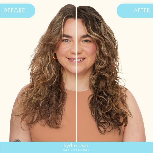 Before and after results showing the effects of Amika Hydro Rush Leave-In Conditioner on wavy hair.