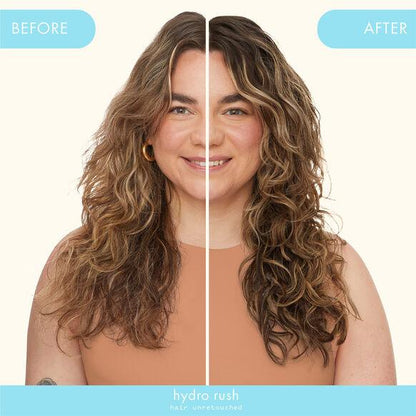 Before and after results showing the effects of Amika Hydro Rush Leave-In Conditioner on wavy hair.