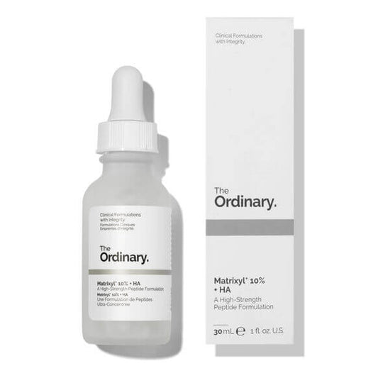 The Ordinary Matrixyl 10% + HA serum in a dropper bottle with packaging, targeting signs of aging.