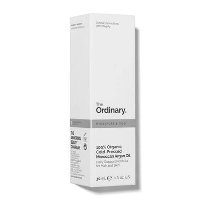 The Ordinary 100% Organic Cold Pressed Moroccan Argan Oil 30ml packaging for hair and skin hydration.