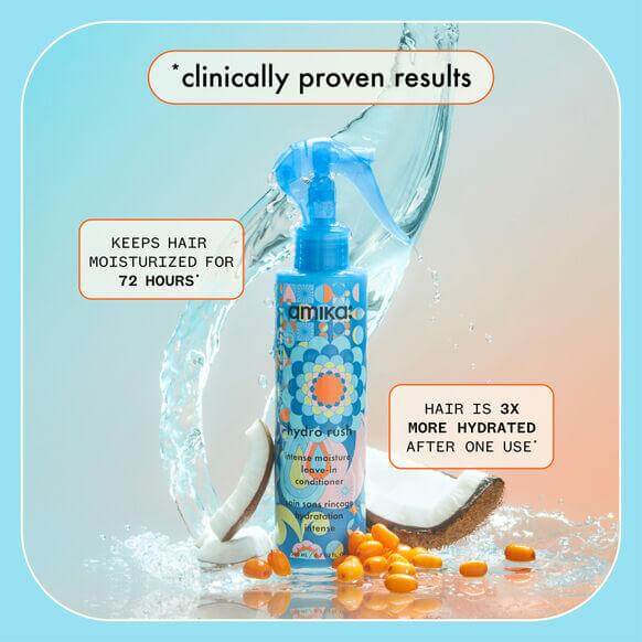 Amika Hydro Rush Intense Moisture Leave-In Conditioner 200ml, hydrates hair for 72 hours, clinically proven results.