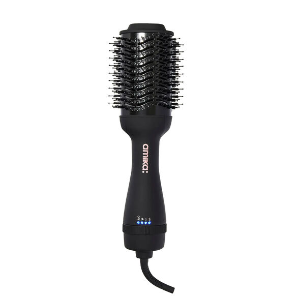 Black hair styling tool with bristle head and visible brand logo on a white background