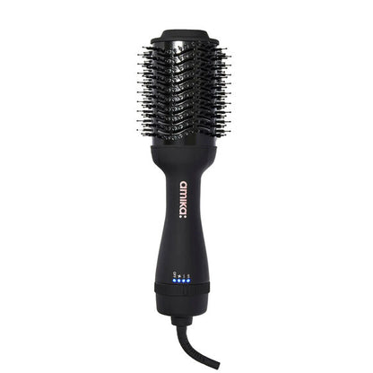 Black hair styling tool with bristle head and visible brand logo on a white background