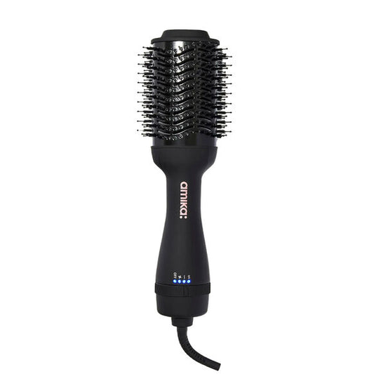 Black hair styling tool with bristle head and visible brand logo on a white background