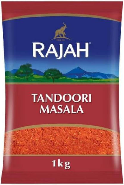 Rajah Tandoori Masala 1kg packaging, showcasing vibrant spices for authentic Indian cooking.