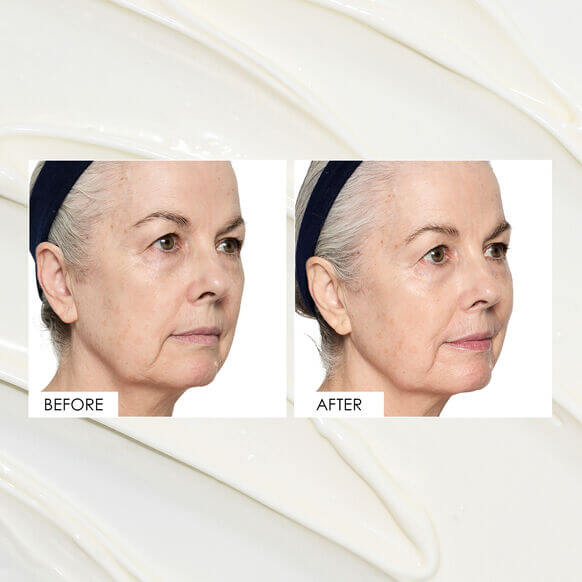 Before and after results of using Sunday Riley ICE Ceramide Moisturizing Cream on mature skin.