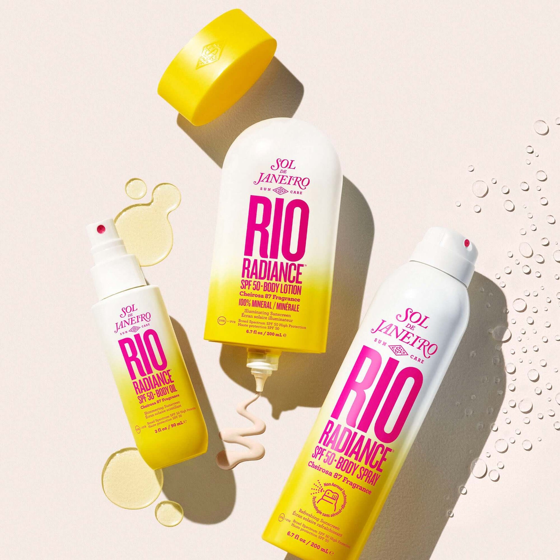 Sol de Janeiro Rio Radiance SPF 50 body lotion, body spray, and oil for summer skin glow.