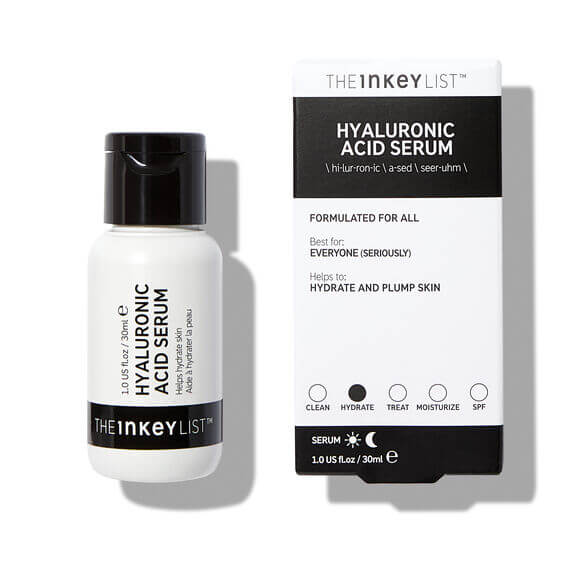 The INKEY List Hyaluronic Acid Serum bottle and box packaging for hydrated and plump skin.