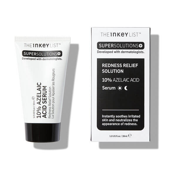 The INKEY List Super Solutions 10% Azelaic Acid Serum packaging and tube, designed to soothe skin redness and enhance clarity.