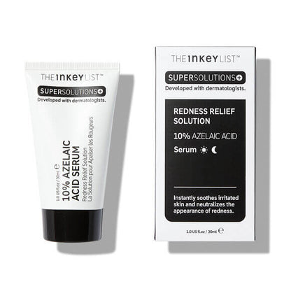 The INKEY List Super Solutions 10% Azelaic Acid Serum packaging and tube, designed to soothe skin redness and enhance clarity.