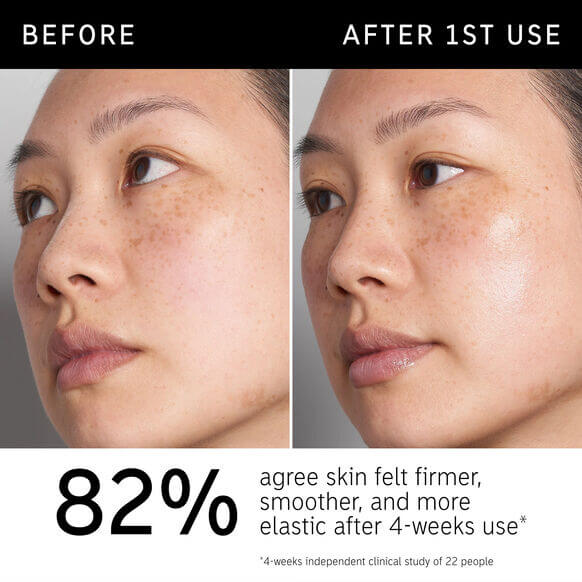 Before and after results of skin improvement using The INKEY List Hyaluronic Acid Serum, showing increased firmness and hydration.