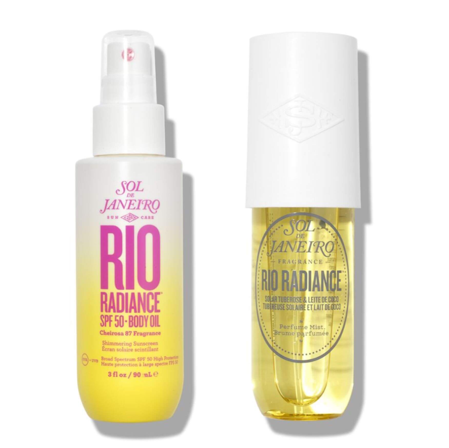 Sol de Janeiro Rio Radiance Oil SPF 50 90ml, shimmering hydrating body oil for sun protection and glow.