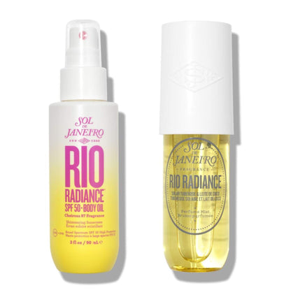 Sol de Janeiro Rio Radiance Oil SPF 50 90ml, shimmering hydrating body oil for sun protection and glow.