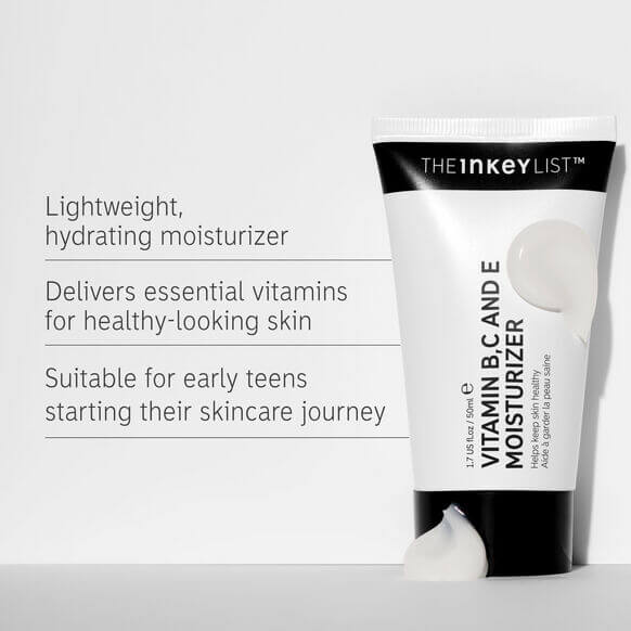 The INKEY List Vitamin B, C and E Moisturizer tube with text highlighting benefits for healthy skin and teen skincare.